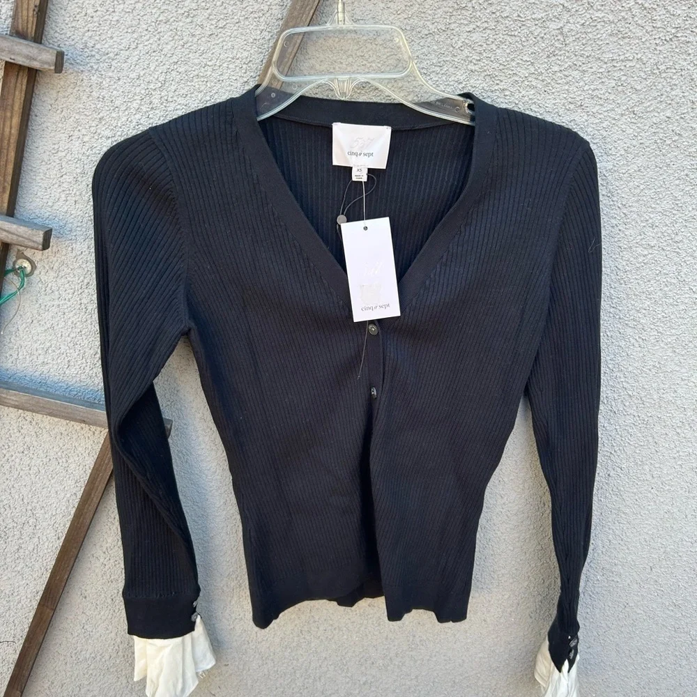 Cinq a Sept BERNADETTE PRESTYLED RIBBED CARDIGAN in Black/Ivory NWT!